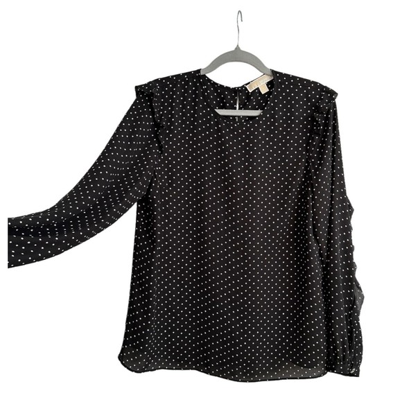 Michael Kors Women's Blouse Medium Ruffle Long Sleeve White Stars Print on Black - Picture 1 of 12